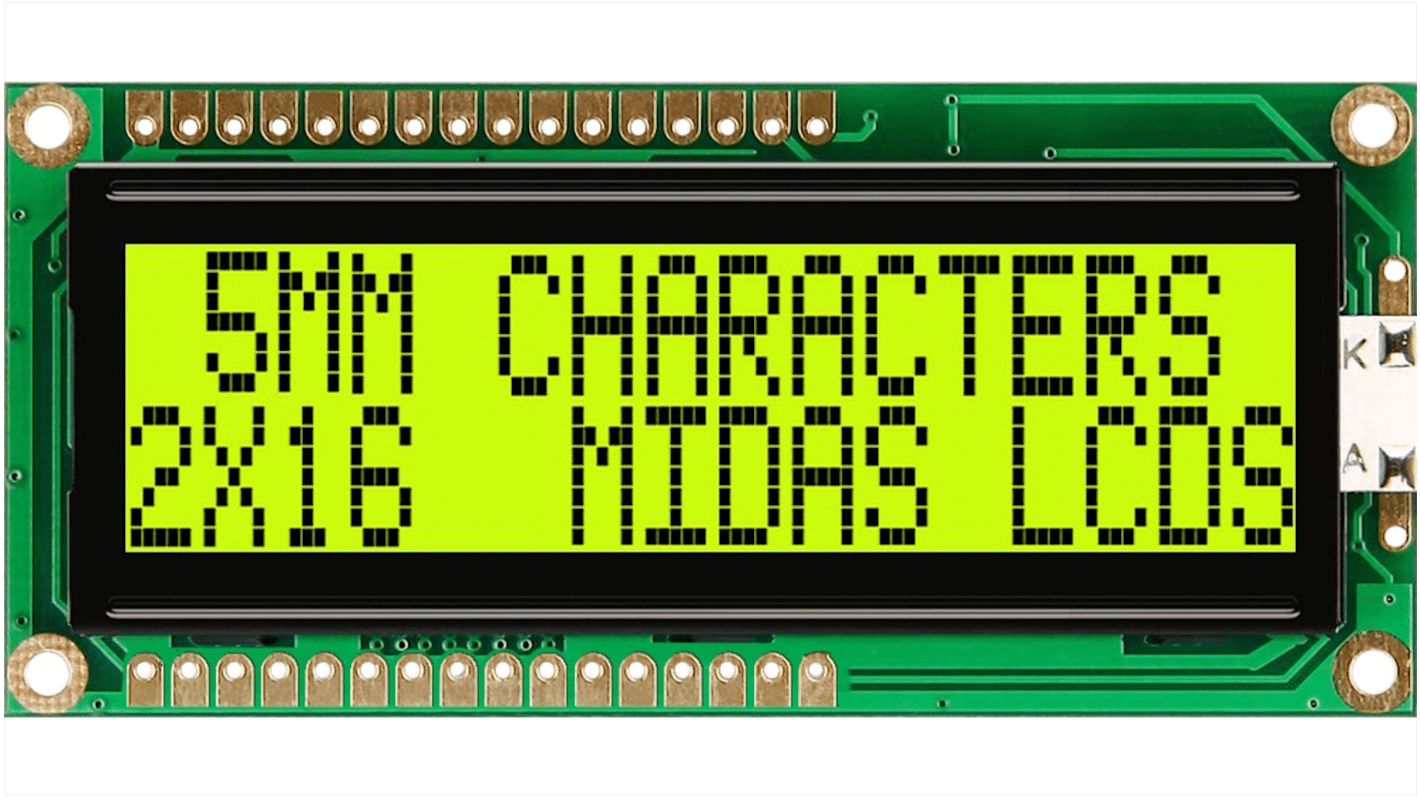Midas MC21605G6WK-SPTLY-V2 Alphanumeric LCD Alphanumeric Display, 2 Rows by 16 Characters