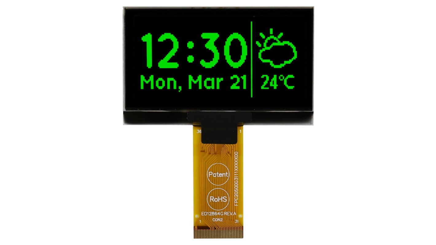 Afficheur OLED, Midas, 2.42pouce, Matrice passive, Vert, 128 x 64pixels, Onglet, interface I2C, Parallèle, SPI