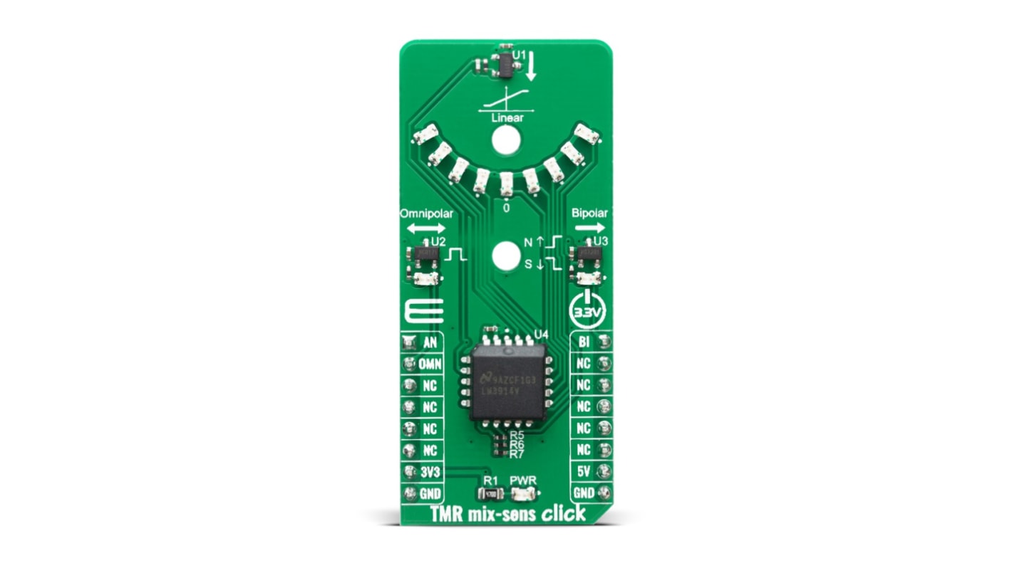 MikroElektronika TMR mix-sens click mikroBus咔哒板, 3D 磁性传感器, LM3914, RR111-1DC2-331, RR121-1A23-311, RR121-3C63-311芯片