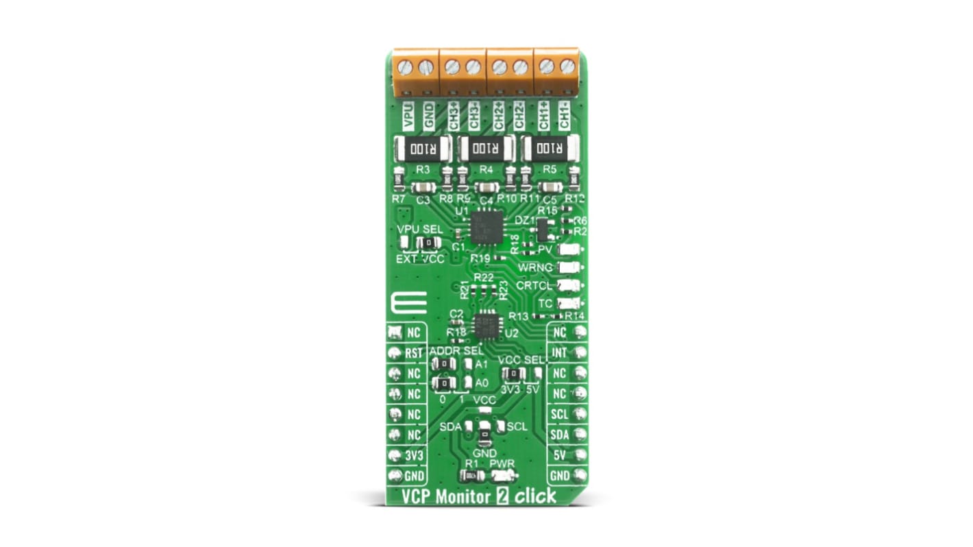 Scheda click mikroBus Misurazione di corrente, Misurazione della tensione per ECU VCP Monitor 2 Click INA3221-Q1