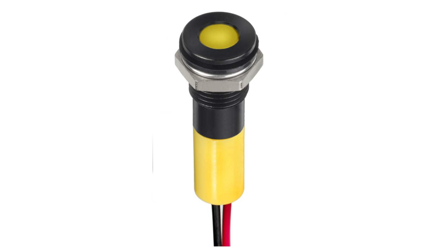 RS PRO Yellow Panel Mount Indicator, 2V dc, 8mm Mounting Hole Size, Lead Wires Termination, IP67