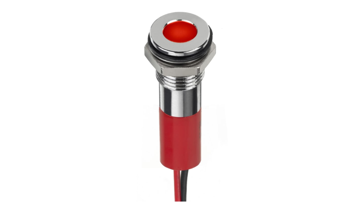 RS PRO Red Panel Mount Indicator, 12V dc, 8mm Mounting Hole Size, Lead Wires Termination, IP67