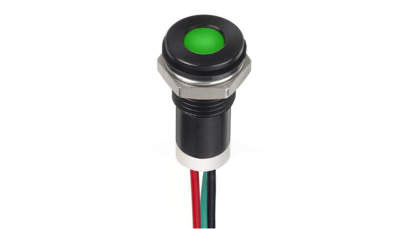 RS PRO Green, Red, Yellow Panel Mount Indicator, 2.1V dc, 8mm Mounting Hole Size, Lead Wires Termination, IP67