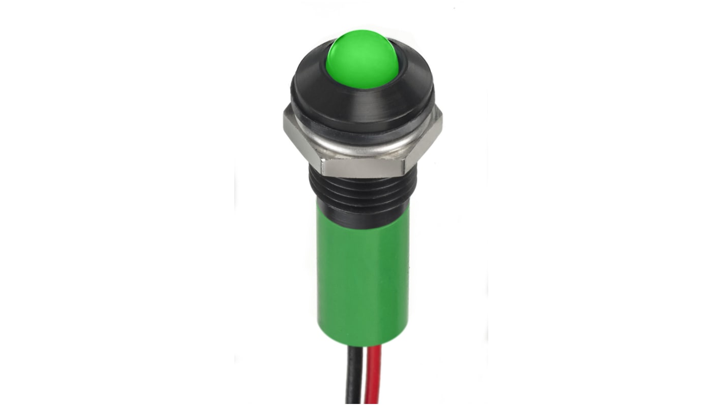 RS PRO Green Panel Mount Indicator, 2V dc, 8mm Mounting Hole Size, Lead Wires Termination, IP67