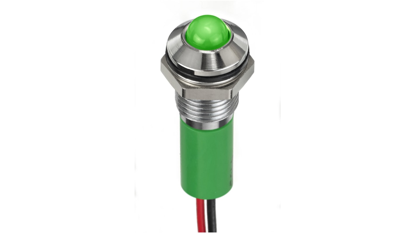 RS PRO Green Panel Mount Indicator, 12V dc, 8mm Mounting Hole Size, Lead Wires Termination, IP67
