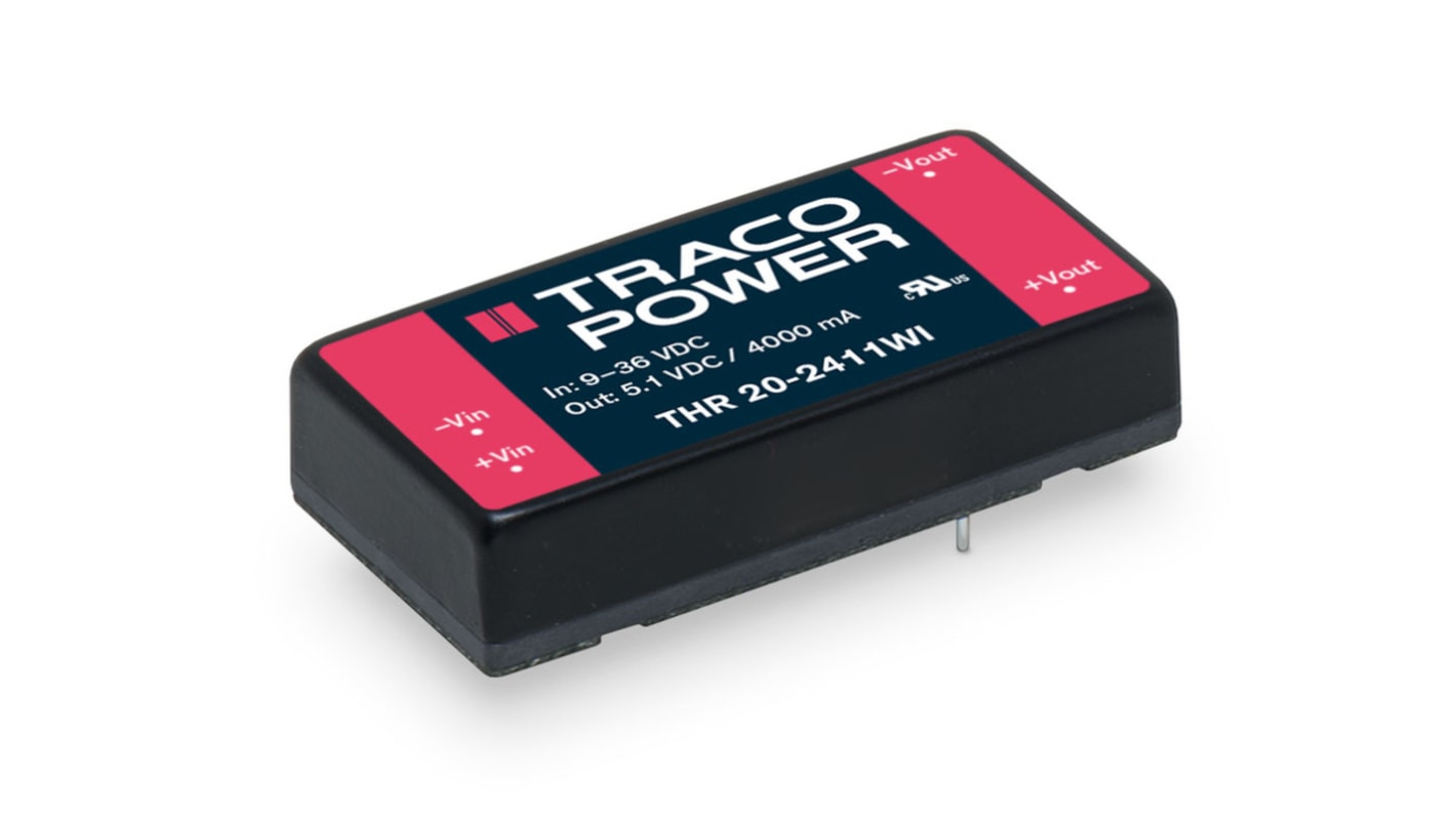 TRACOPOWER 隔离式隔离式DC/DC转换器 , 40 → 160 V dc输入, 5V 直流输出, 20W, THR 20WI系列