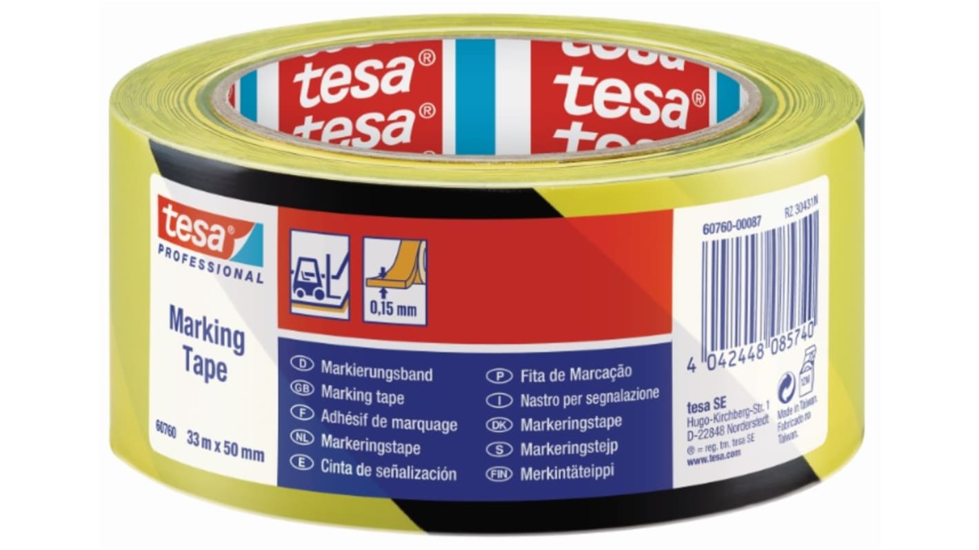 Tesa 60760 Black, Yellow Soft PVC 33m Hazard Tape, 0.15mm Thickness