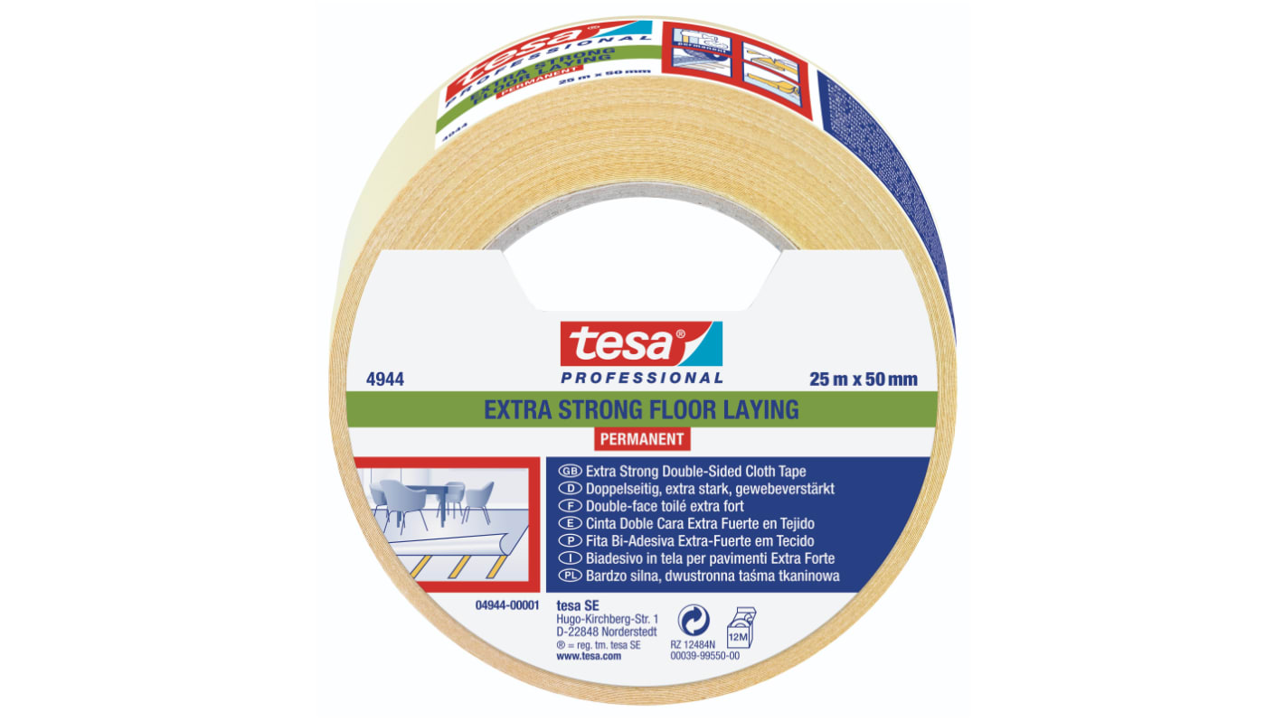 Tesa 4944 White Cloth 25m Floor Tape, 0.2mm Thickness