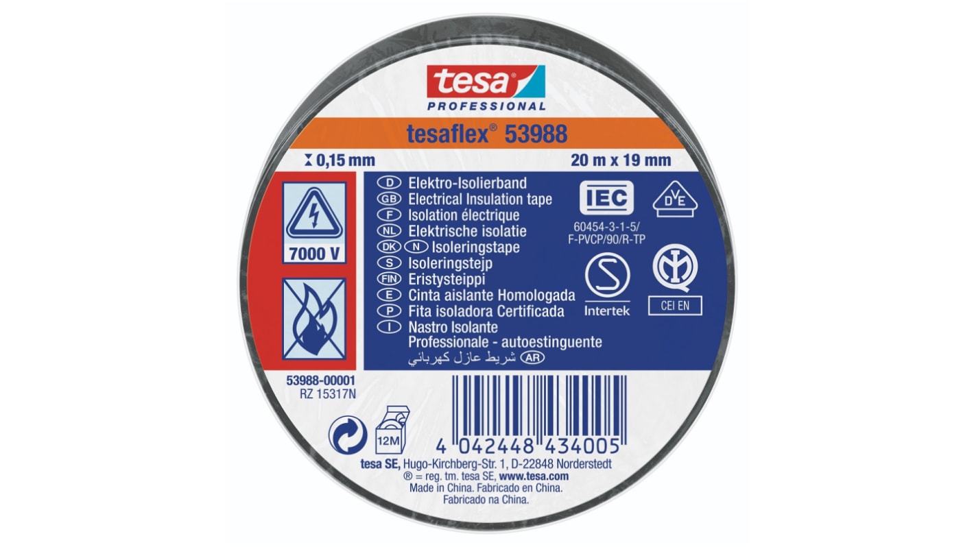 Tesa Elektromos szigetelőszalag, 19mm x 20m, 150mm vastag, Fekete