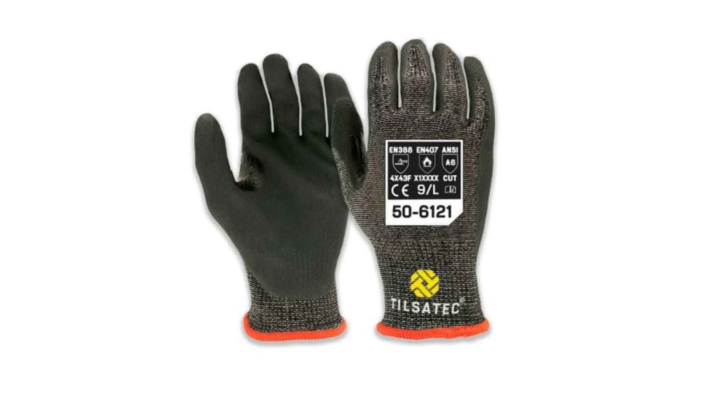 Tilsatec Black, Grey HPPE, PET, Polyamide, Spandex, Steel Abrasion Resistant, Cut Resistant Gloves, Size 7, Nitrile
