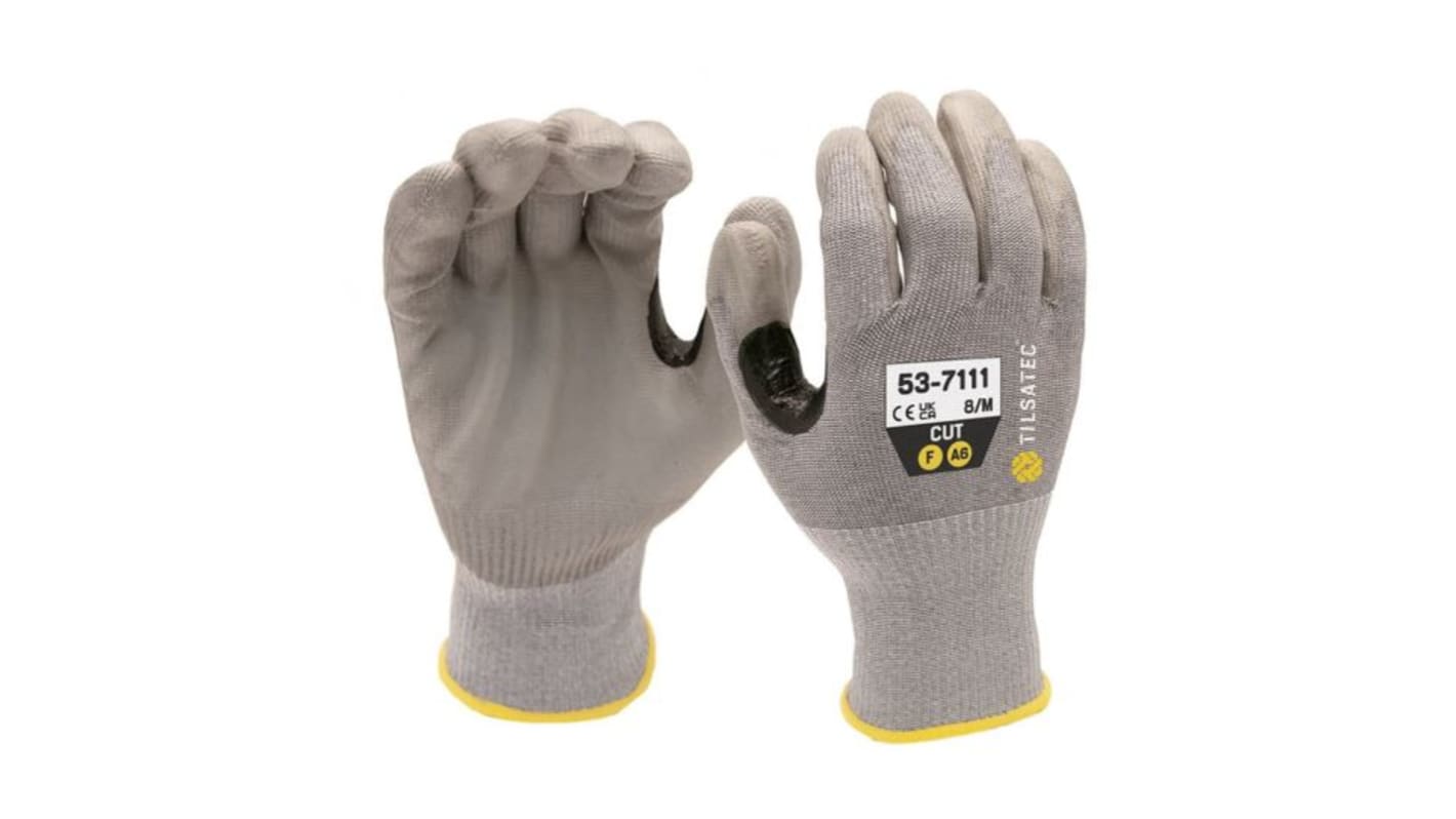 Tilsatec Grey HPPE, PET, Polyamide, Spandex, Steel Cut Resistant Gloves, Size 10, Polyurethane Coating