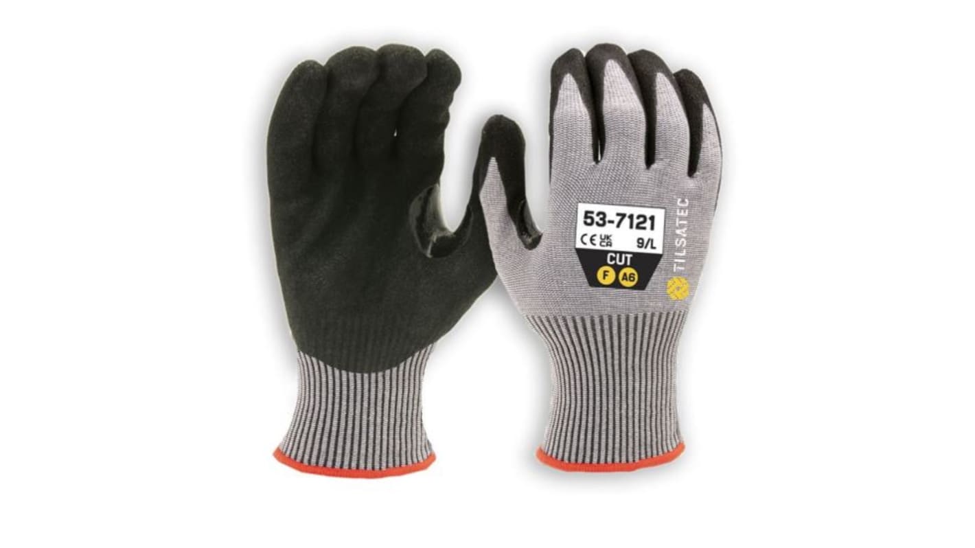 Tilsatec Black, Grey HPPE, PET, Polyamide, Spandex, Steel Cut Resistant Gloves, Size 8, Foam Nitrile Coating