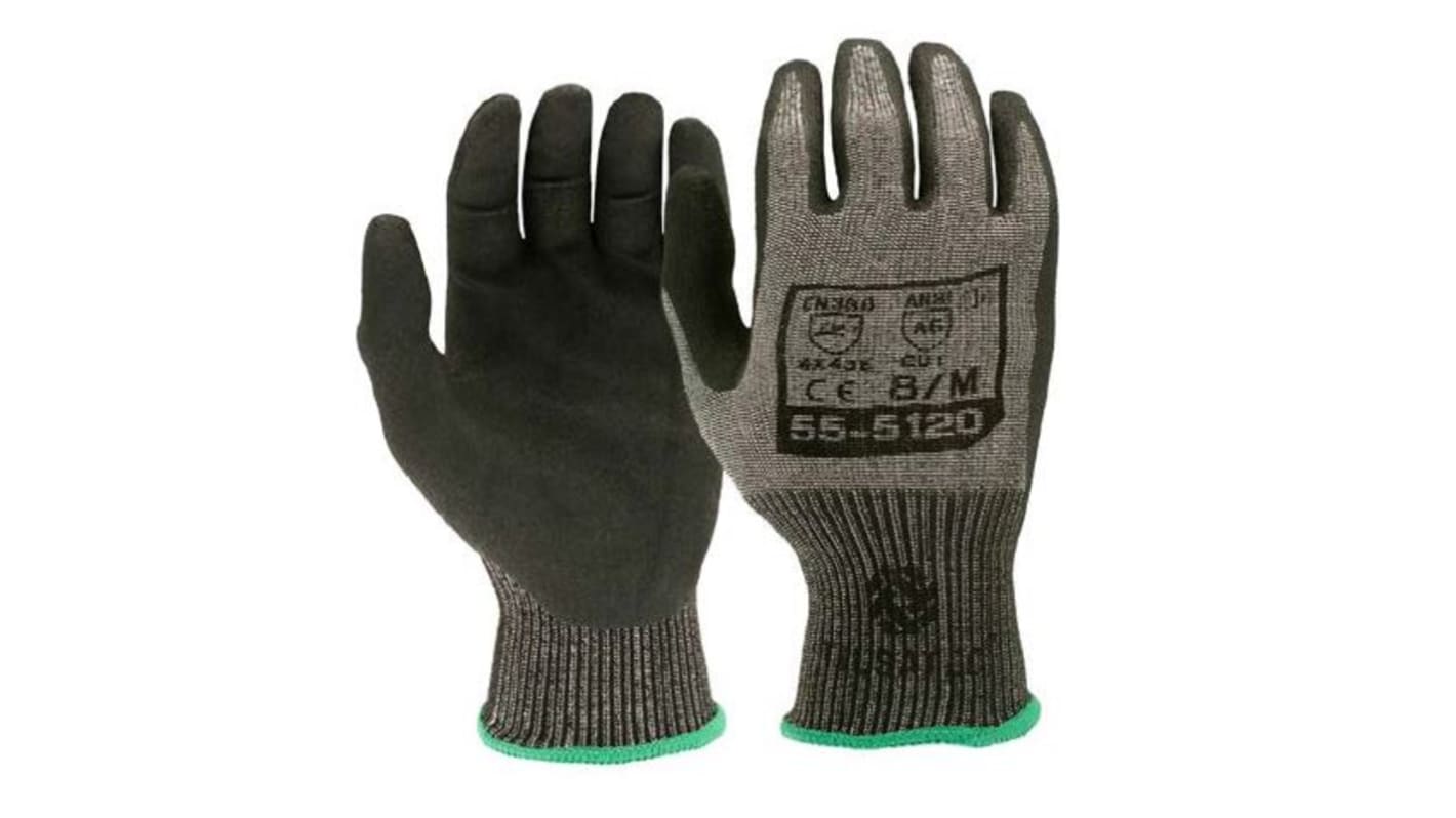 Tilsatec Black, Grey HPPE, PET, Polyamide, Spandex, Steel Cut Resistant Gloves, Size 9, Microporous Nitrile Coating