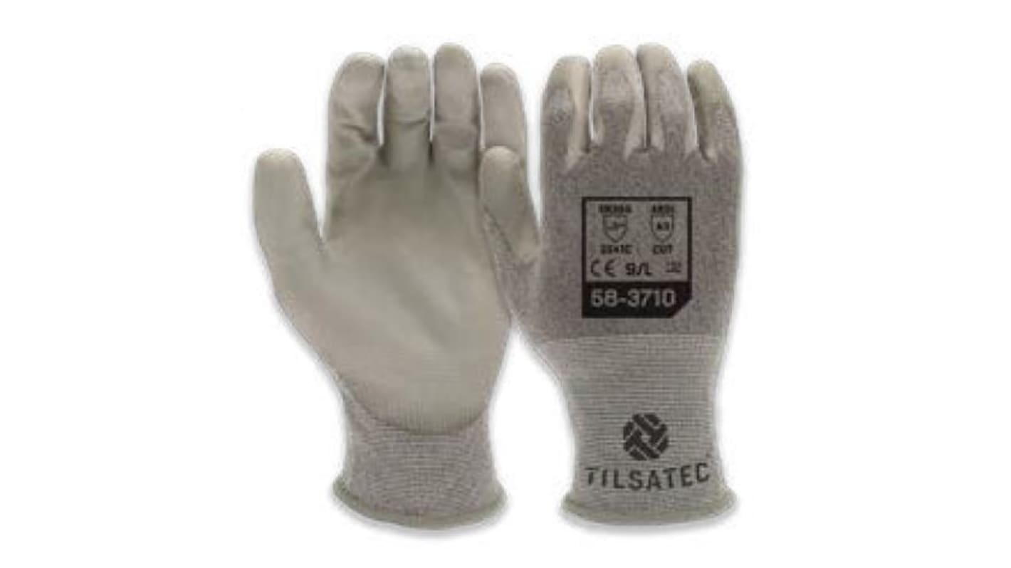 Tilsatec Black, Grey PET, Polyamide, Spandex, Steel Cut Resistant Gloves, Size 9, Polyurethane Coating