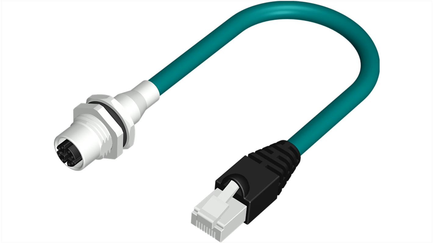RS PRO, 500mm Cat6a, Teal M12 to Female RJ45 Male Shielded, Terminated PUR Sheath