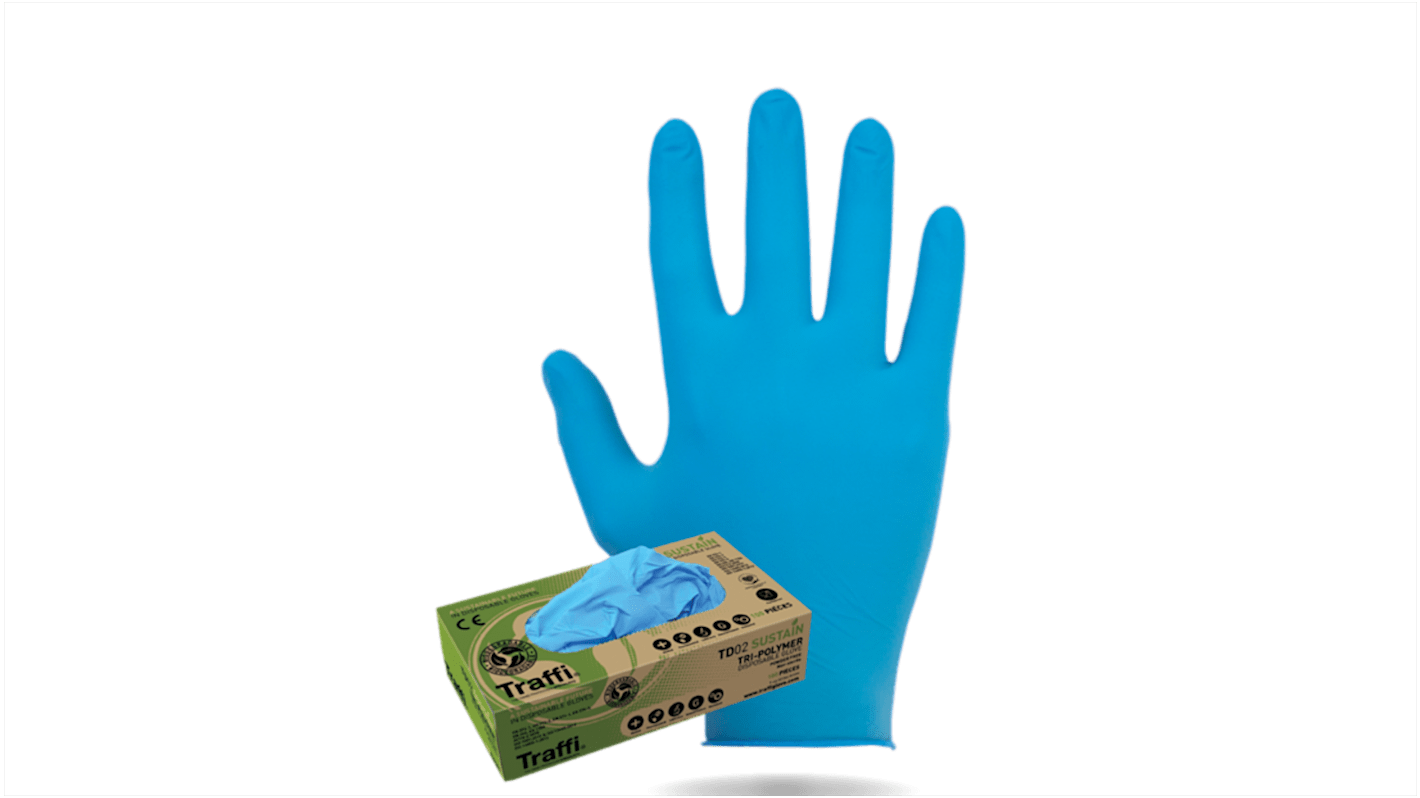 Traffi 使い捨て手袋 耐薬品性、医療用、最小リスク 100入り 青, サイズ：XL