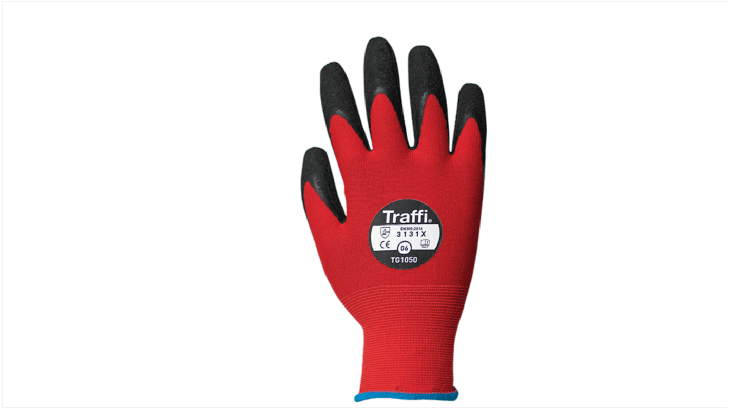 Traffi Red Natural Rubber Latex Nylon Cut Resistant Cut Resistant Gloves, Size 6, Latex Coating