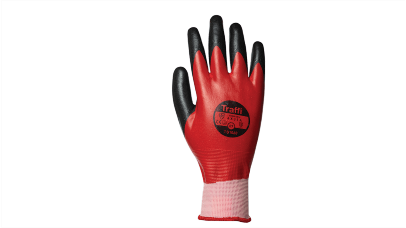 Traffi Red Nitrile, Nylon Cut Resistant Cut Resistant Gloves, Size 8, Nitrile Coating