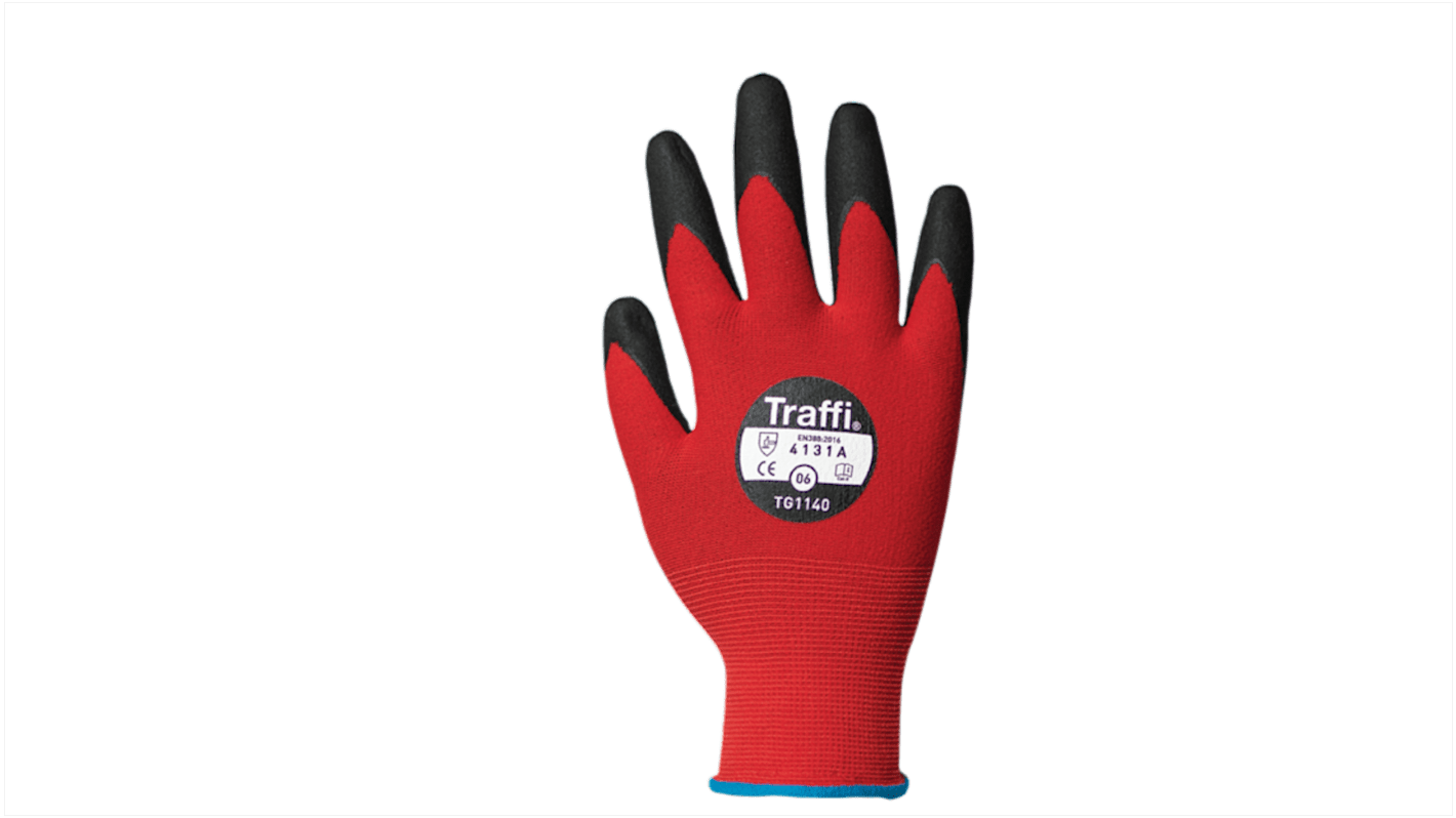 Traffi Red Nitrile, Nylon Cut Resistant Cut Resistant Gloves, Size 10, Nitrile Coating