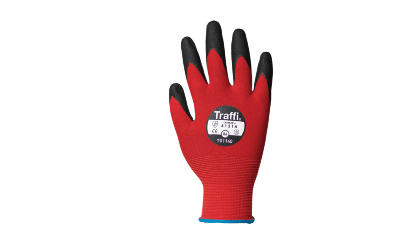Traffi Red Nitrile, Nylon Cut Resistant Cut Resistant Gloves, Size 8, Nitrile Coating