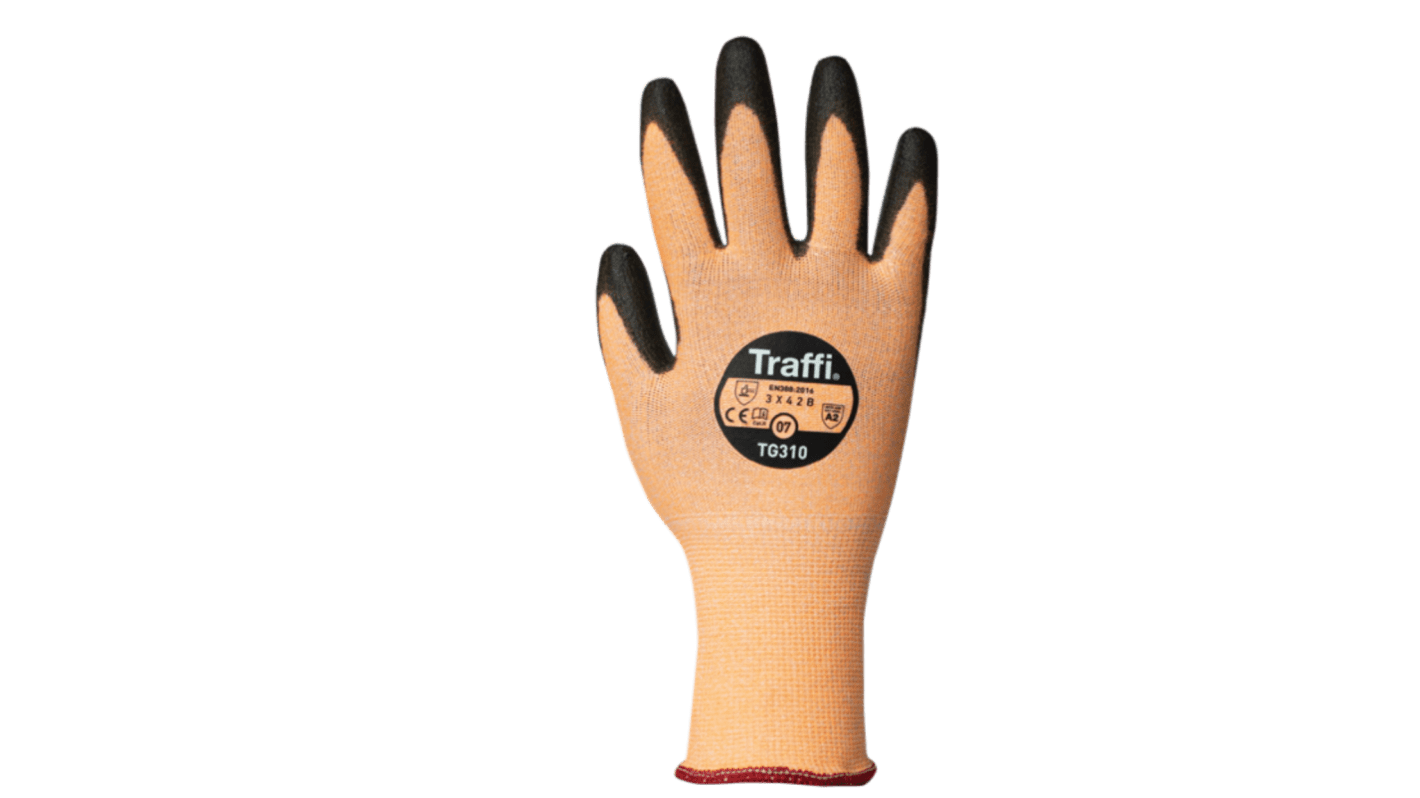 Traffi Orange Elastane, HPPE, Nylon Cut Resistant Cut Resistant Gloves, Size 8, Polyurethane Coating