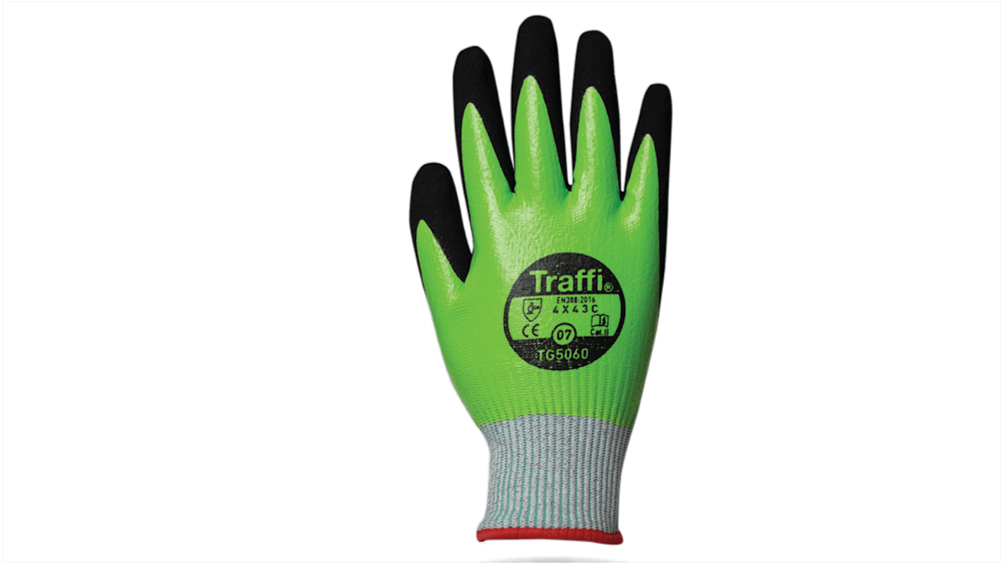 Traffi Green Nitrile, Nylon Cut Resistant Cut Resistant Gloves, Size 8, Nitrile Coating