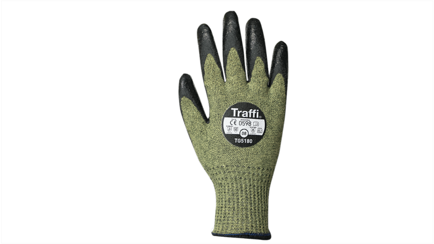 Traffi Green Acrylic, Aramid, Glass Fibre Cut Resistant Cut Resistant Gloves, Size 11, Chloroprene, Nitrile Coating