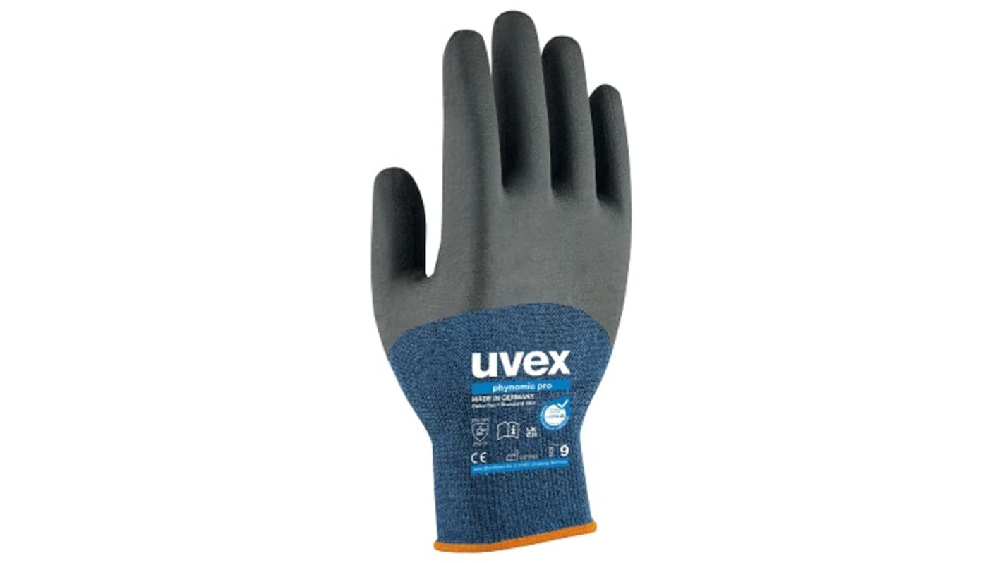 Uvex phynomic pro Black, Blue Elastane Abrasion Resistant Work Gloves, Size 6, Aqua Polymer Coating