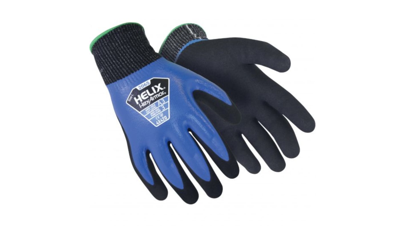 Hexarmor Black, Blue HPPE Abrasion Resistant, Cut Resistant Work Gloves, Size 9, Nitrile Coating