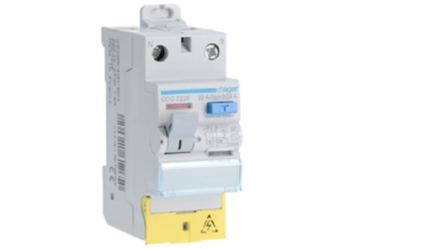 Hager CDC RCD Switch, 25A, 2 Pole, 30mA, Type AC, 230V