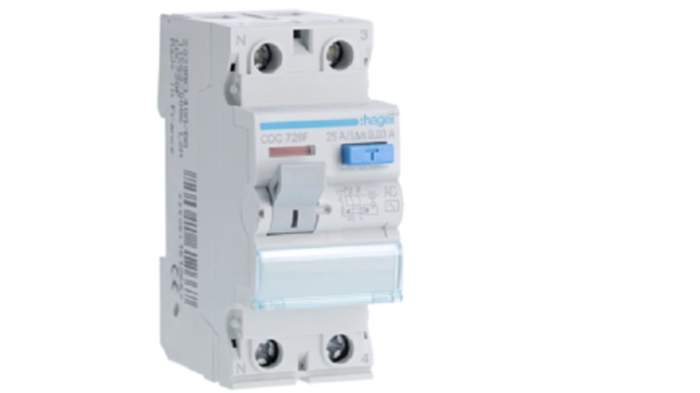 Hager CDC RCD Switch, 25A, 2 Pole, 30mA, Type AC, 230V