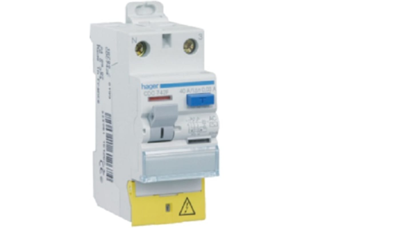 Hager CDC RCD Switch, 40A, 2 Pole, 30mA, Type AC, 230V