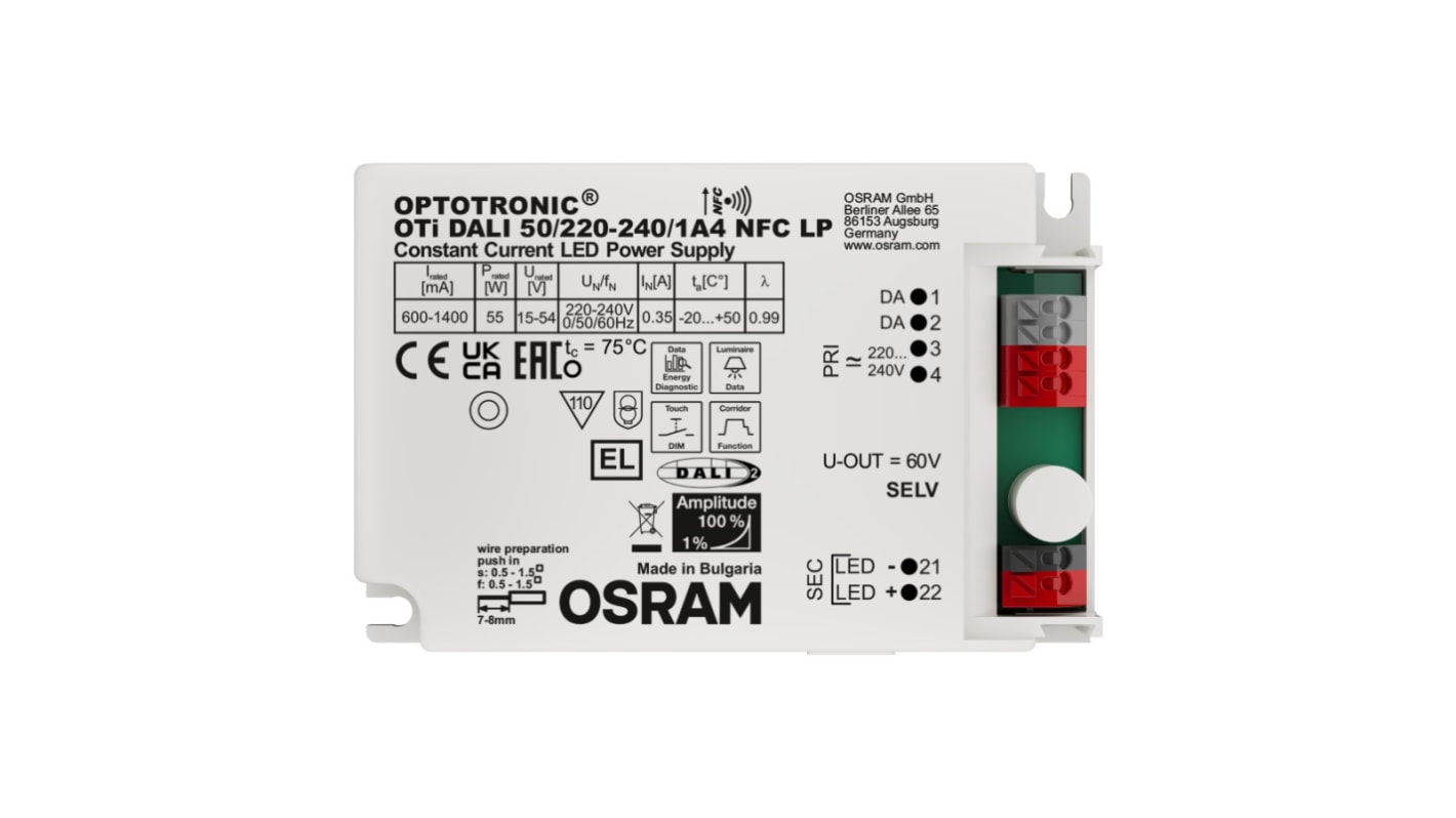 Osram LED Driver, 15-54V Output, 55W Output, 600-1400mA Output, Constant Current Dimmable