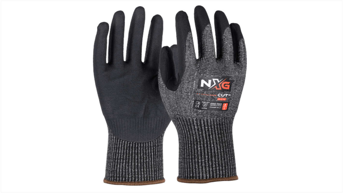 NXG Cut D HD Black Glass Fiber, HPPE, Nitrile, Polyester, Spandex, Steel Cut Resistant Work Gloves, Size 6, Nitrile