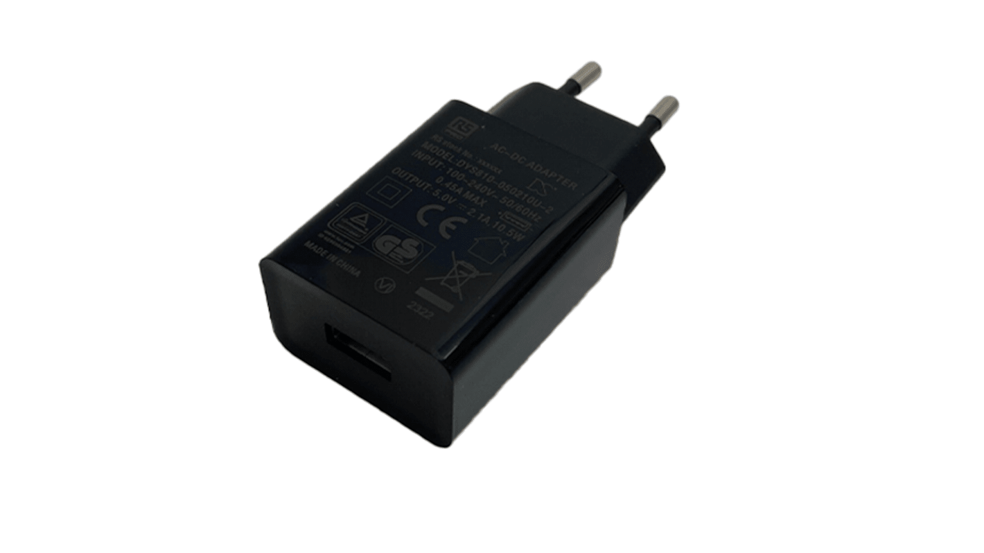 Adaptador de conector macho RS PRO 100 → 240V ac, 5V dc, 1 salida, Adaptador de alimentación ac/dc, 2.1A, 10.5W,