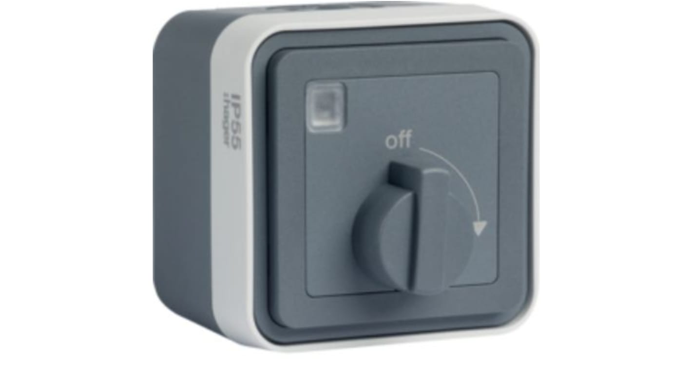 Hager Off-On Control Station Switch, Polypropylene, Grey, Off, On, IP55