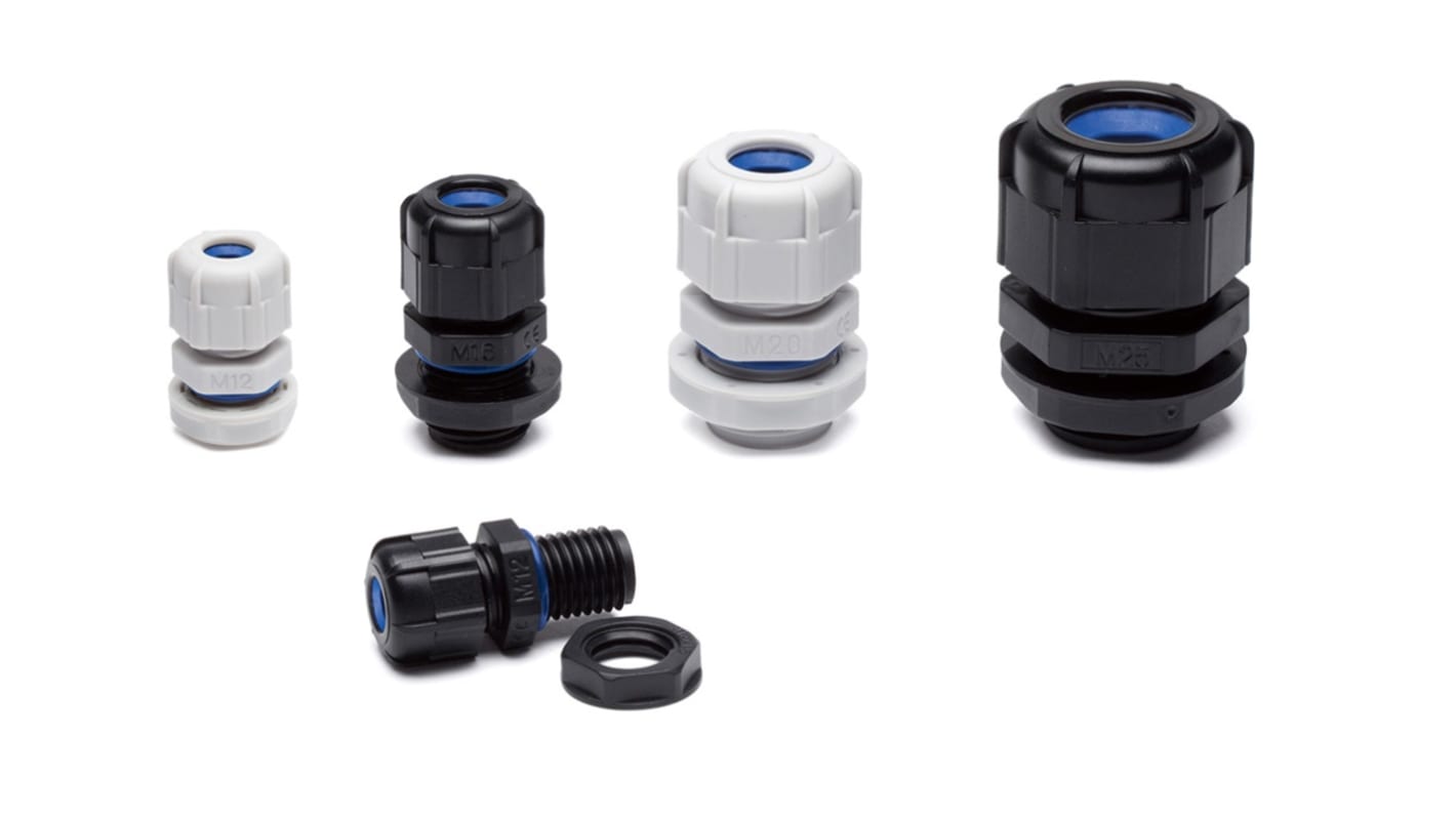 Takachi Electric Industrial RMW Series Light Grey Polyamide Cable Gland, M12 Thread, 3.5mm min., 7mm max., IP67