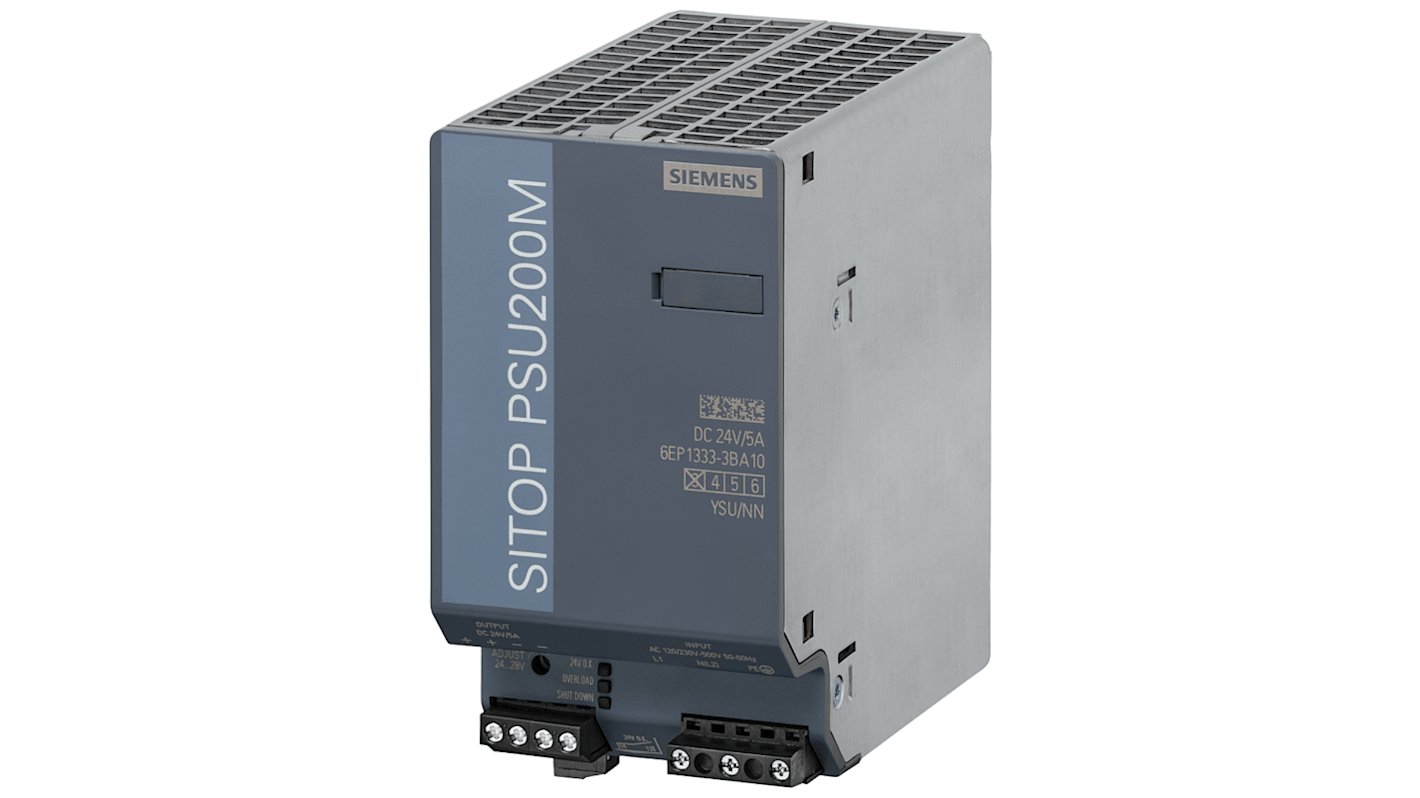 Siemens 6AG13 Switched Mode DIN Rail Power Supply, 120 → 500V ac ac Input, 24V dc dc Output, 5A Output, 120W