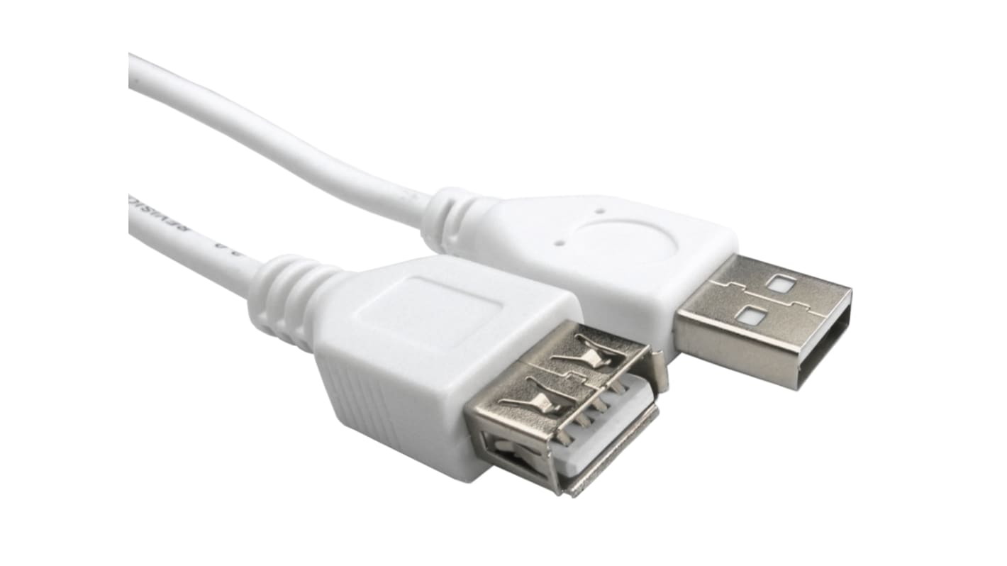 RS PRO USB-forlængerkabel, Hvid, USB A til USB A, 1.8m