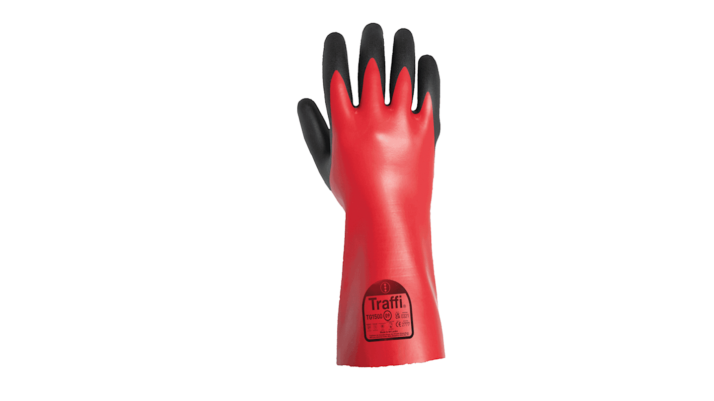 Traffi Red Cotton Chemical Resistant Work Gloves, Size 8, Nitrile Coating