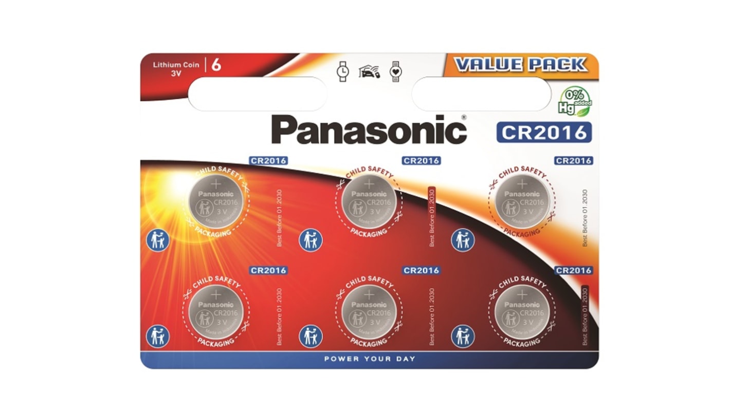 Batteria a bottone Panasonic CR2016, Litio diossido di manganese, 3V