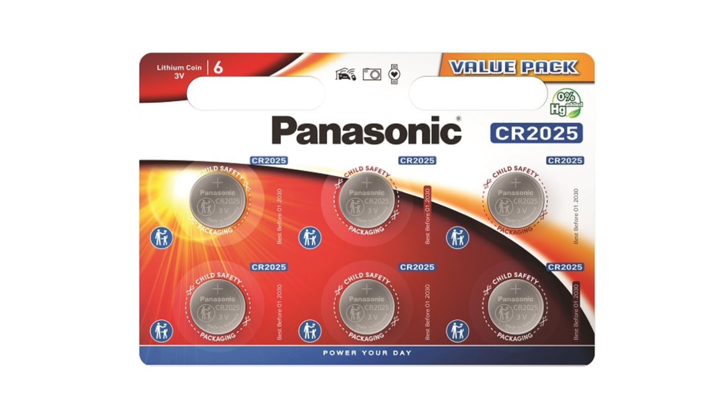 Panasonic CR2025 Button Battery, 3V, 20mm Diameter