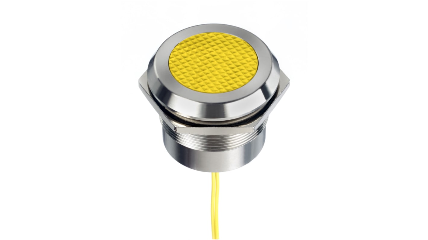 RS PRO Yellow Panel Mount Indicator, 12 → 24V ac/dc, 30mm Mounting Hole Size, Lead Wires Termination, IP67, IP69K