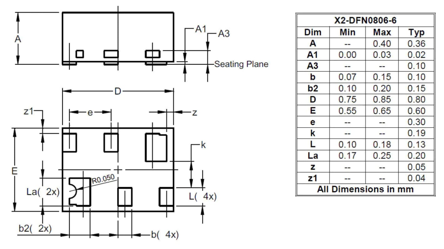 DiodesZetex DMC31D5UDAQ-7B N/P-Kanal-Kanal, SMD MOSFET 30 V / 400 mA X2-DFN0806-6