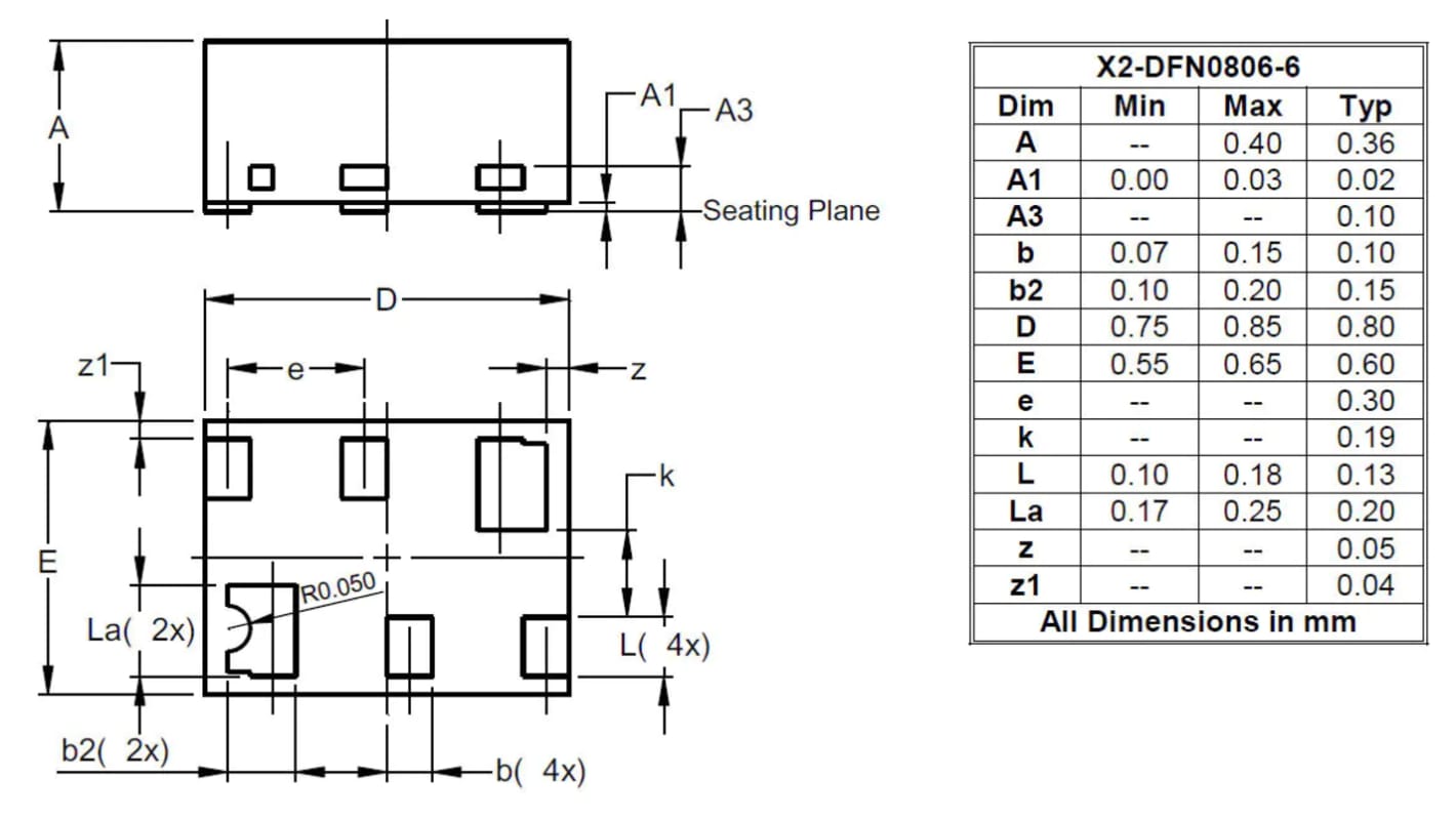 P-Channel MOSFET, 220 mA, 30 V X2-DFN0806-6 Diodes Inc DMP32D9UDAQ-7B