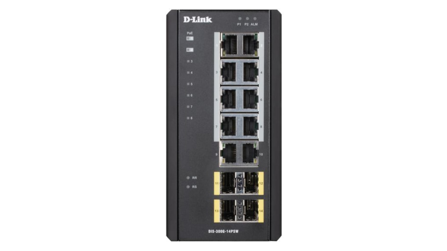D-Link 14口管理型管理型交换机, 4个SFP口, 10个RJ45口, PoE, 10/100/1000Mbit/s, DIS-300G Series系列, 14 端口工业千兆网管型 PoE 交换机