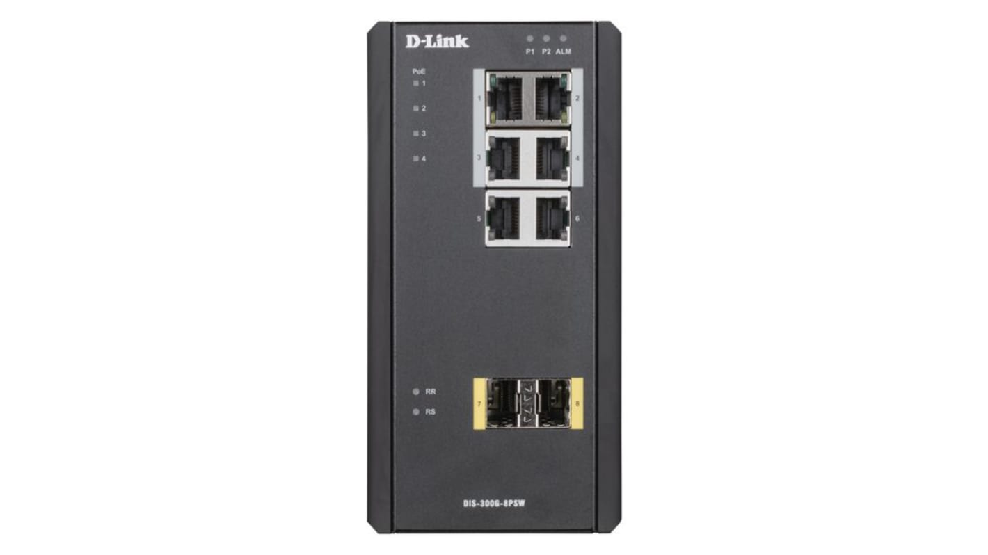 D-Link 8口管理型管理型交换机, 2个SFP口, 6个RJ45口, PoE, 10/100/1000Mbit/s, DIS-300G Series系列, 8 端口工业千兆网管型 PoE 交换机