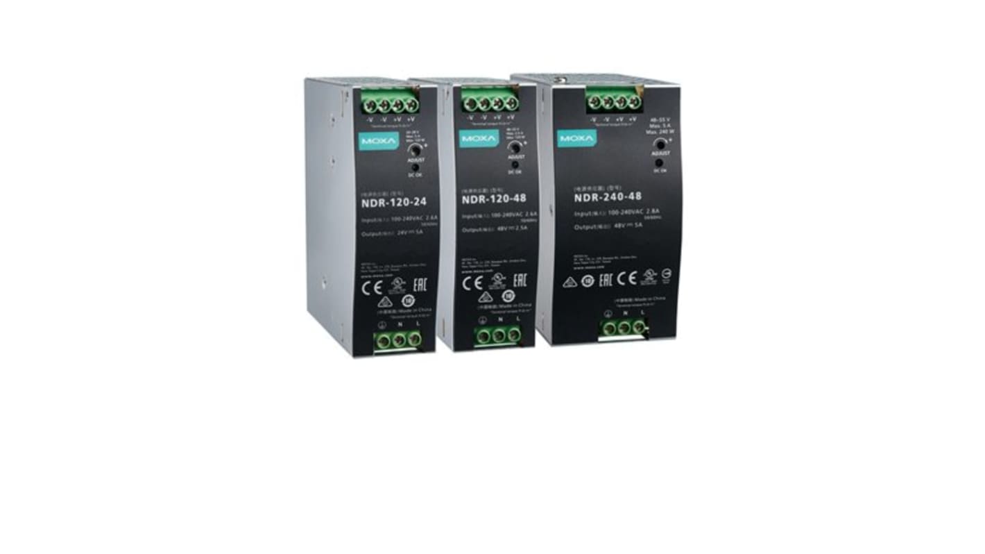 MOXA NDR Switched Mode DIN Rail Power Supply, 90 → 264 V ac / 127 → 370V dc ac, dc Input, 24V dc dc