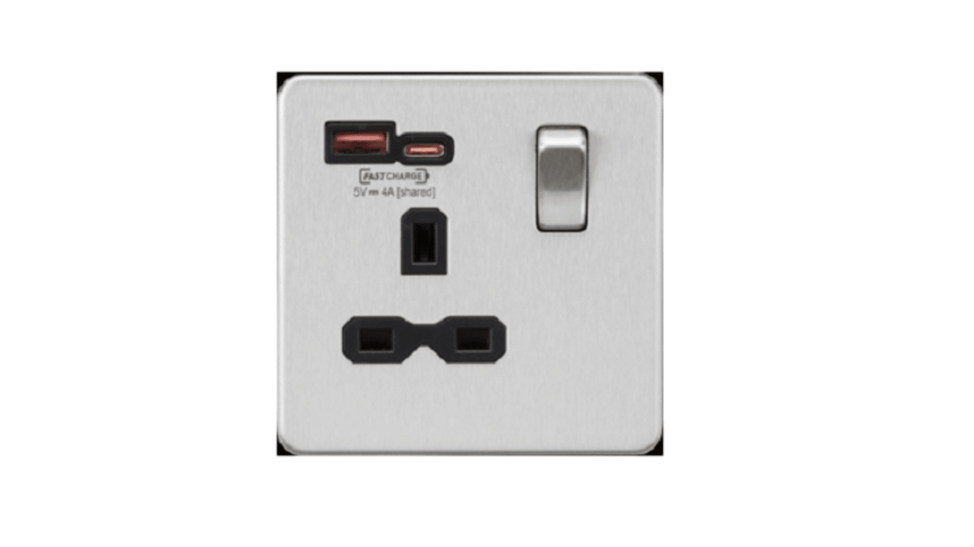 Knightsbridge G 型 - 英式, USB13A 和 USB 插座, 带开关, 1位, 壁挂式安装, 室内使用, 13A, 抛光镀铬