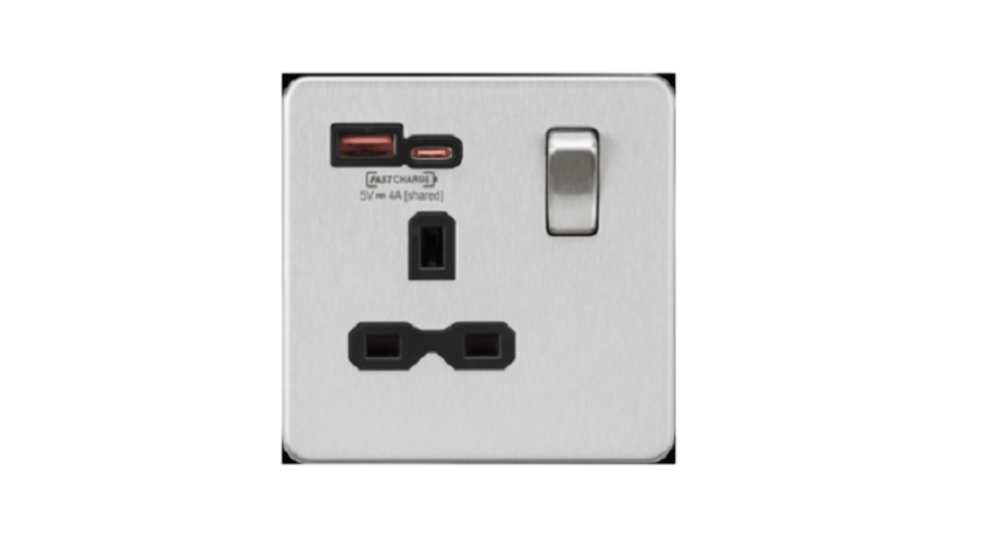 Steckdose mit USB, 13 A mit Schalter Typ G – Britisch, USB Wandmontage 1-fach Innenbereich Chrom, gebürstet, 1-polig /